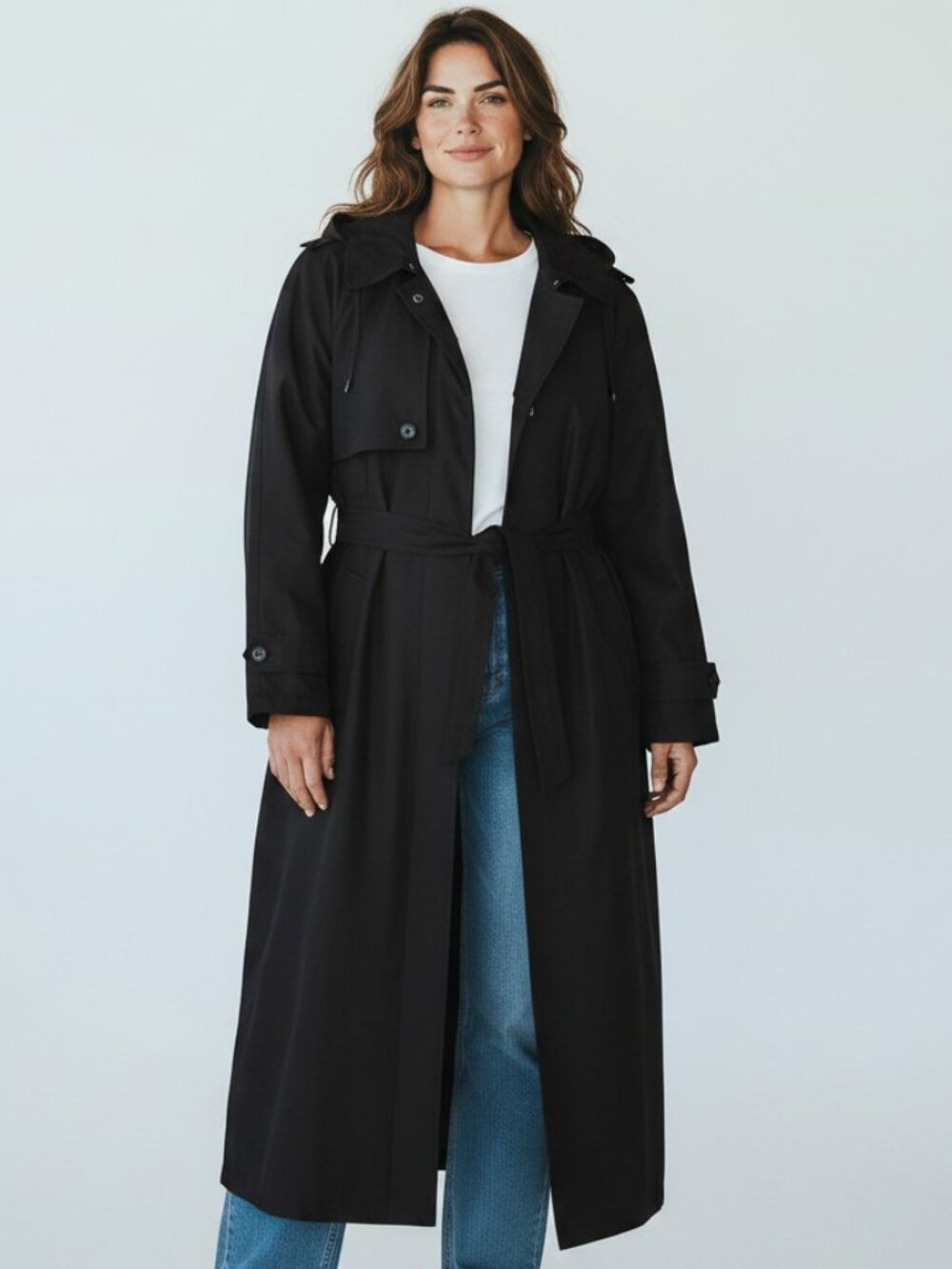 London Fog 3X Reg Black Duster-Style Trench Coat with Detachable Hood & Belt